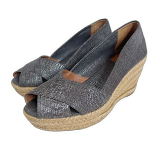 Tory Burch Filipa Canvas Pewter Grey Silver Wedge Espadrille Sandal Size 9